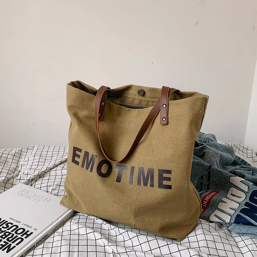 Vintage Canvas Top-handle Bag Large Capacity Women Reusable Shopping Pouch