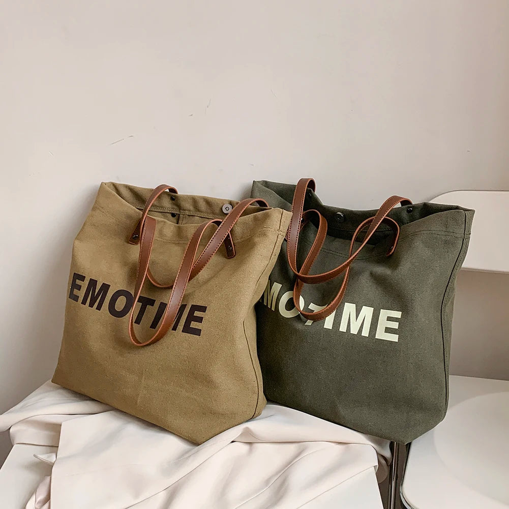 Canvas Top-handle Bags Large Capacity Women Underarm Bag Snap Closure