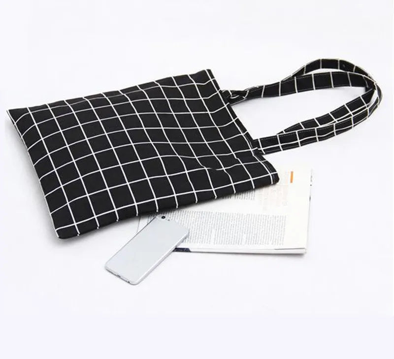 Plaid Canvas Tote Bag Eco Shopping Handbag Large Capacity