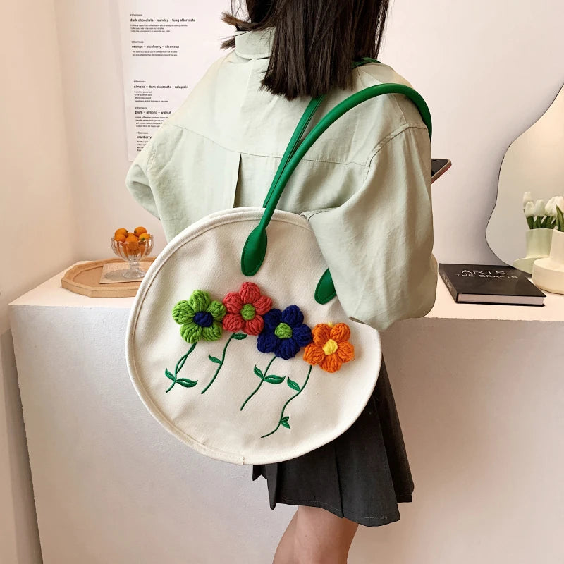 Canvas Tote Bag Women Summer Shoulder Bags Round Handbags Big Shopper Totes
