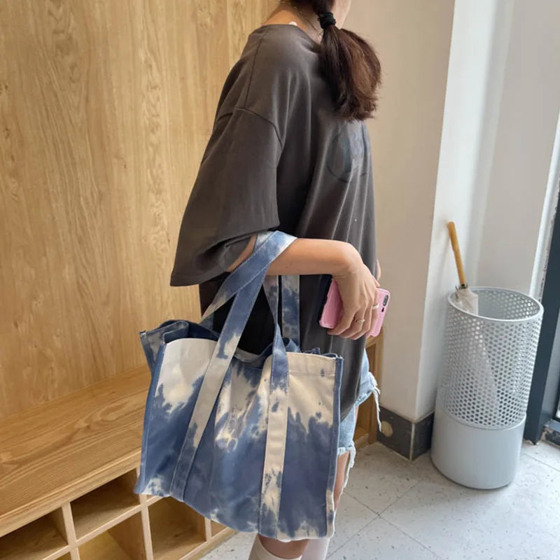 Tie Dye Canvas Tote Bag Women's Shoulder Shopper Large Capacity Handbag