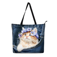 Cat Print Canvas Tote Bag for Women