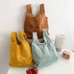 Corduroy Tote Bag Cartoon Print Large Handbag Women's Cotton Shopper Purse