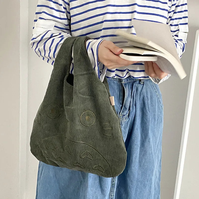 Corduroy Tote Bag for Women Cartoon Print Cotton Handbag