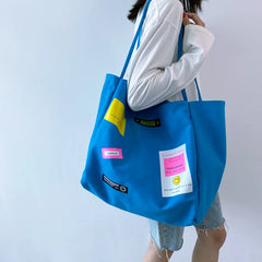Smiley Letter Patch Canvas Tote Bag Girls Shopper Handbag