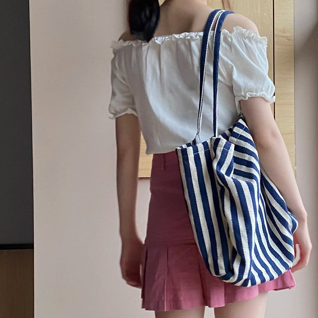 Casual Striped Canvas Tote Large Capacity Women Shoulder Bag