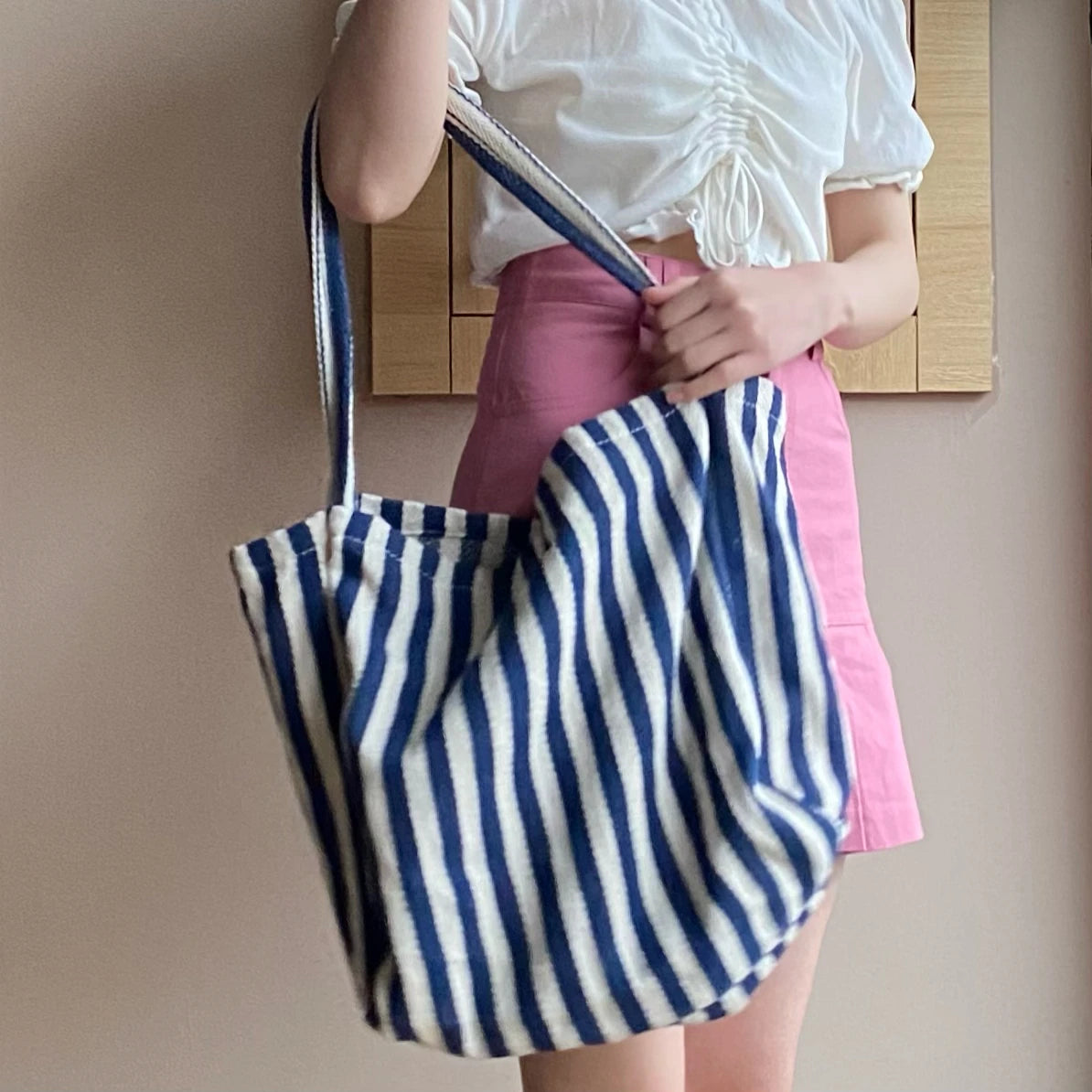 Casual Striped Canvas Tote Large Capacity Women Shoulder Bag