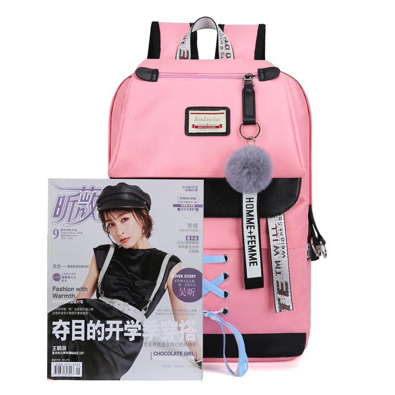 Canvas USB School Bags for Girls Teenagers Backpack Women Bookbags