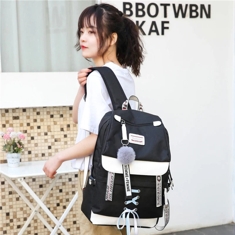 Canvas USB School Bags for Girls Teenagers Backpack Women Bookbags