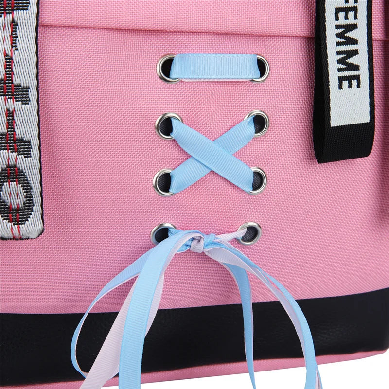 Canvas USB School Bags for Girls Teenagers Backpack Women Bookbags