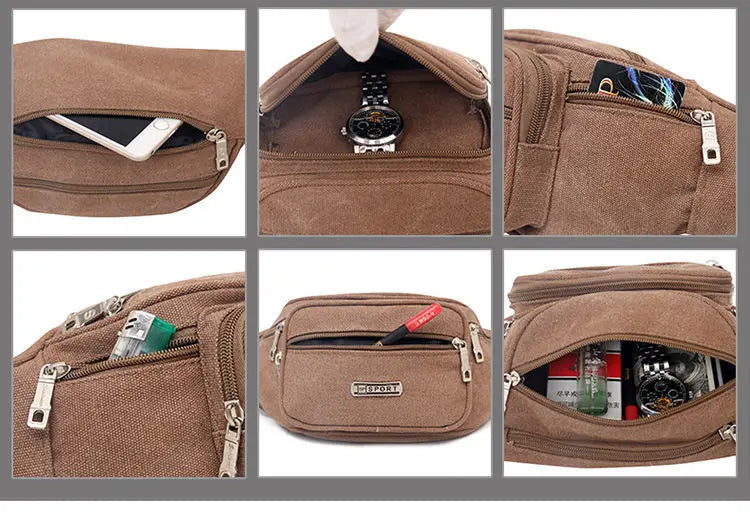 Canvas Waist Bag Men's Multi-Compartment Sports Chest Bag
