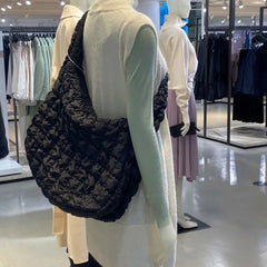 Large Quilted Nylon Shoulder Bag Ruched Handbag