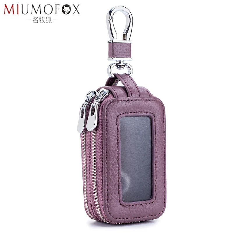 Leather Car Key Holder Double Zipper Square Key Case