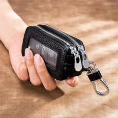 Leather Car Key Holder Double Zipper Square Key Case