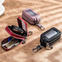 Leather Car Key Holder Double Zipper Square Key Case