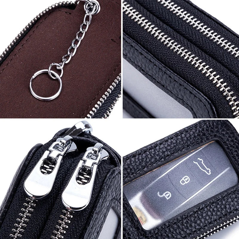 Leather Car Key Holder Double Zipper Square Key Case