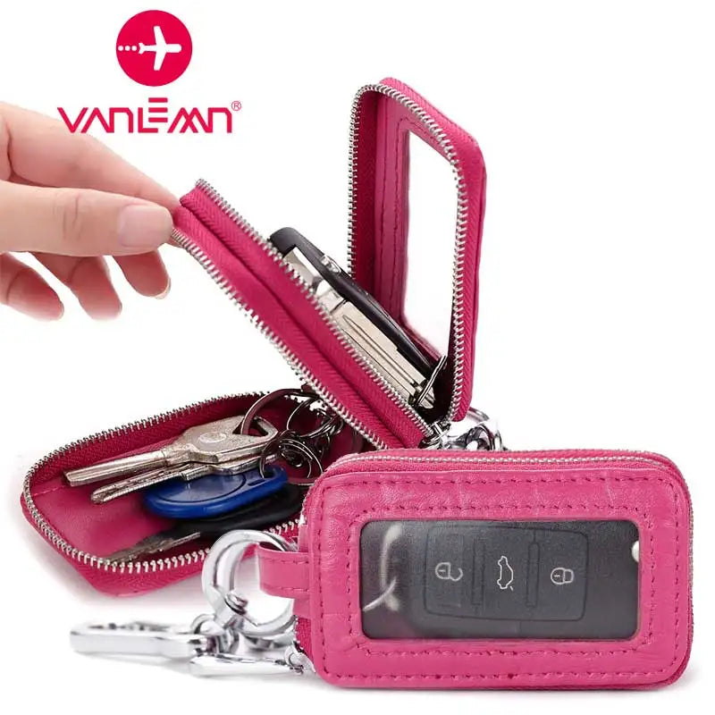 Leather Car Key Case Double Zipper Key Wallets Keys Organizer Keychain Bag