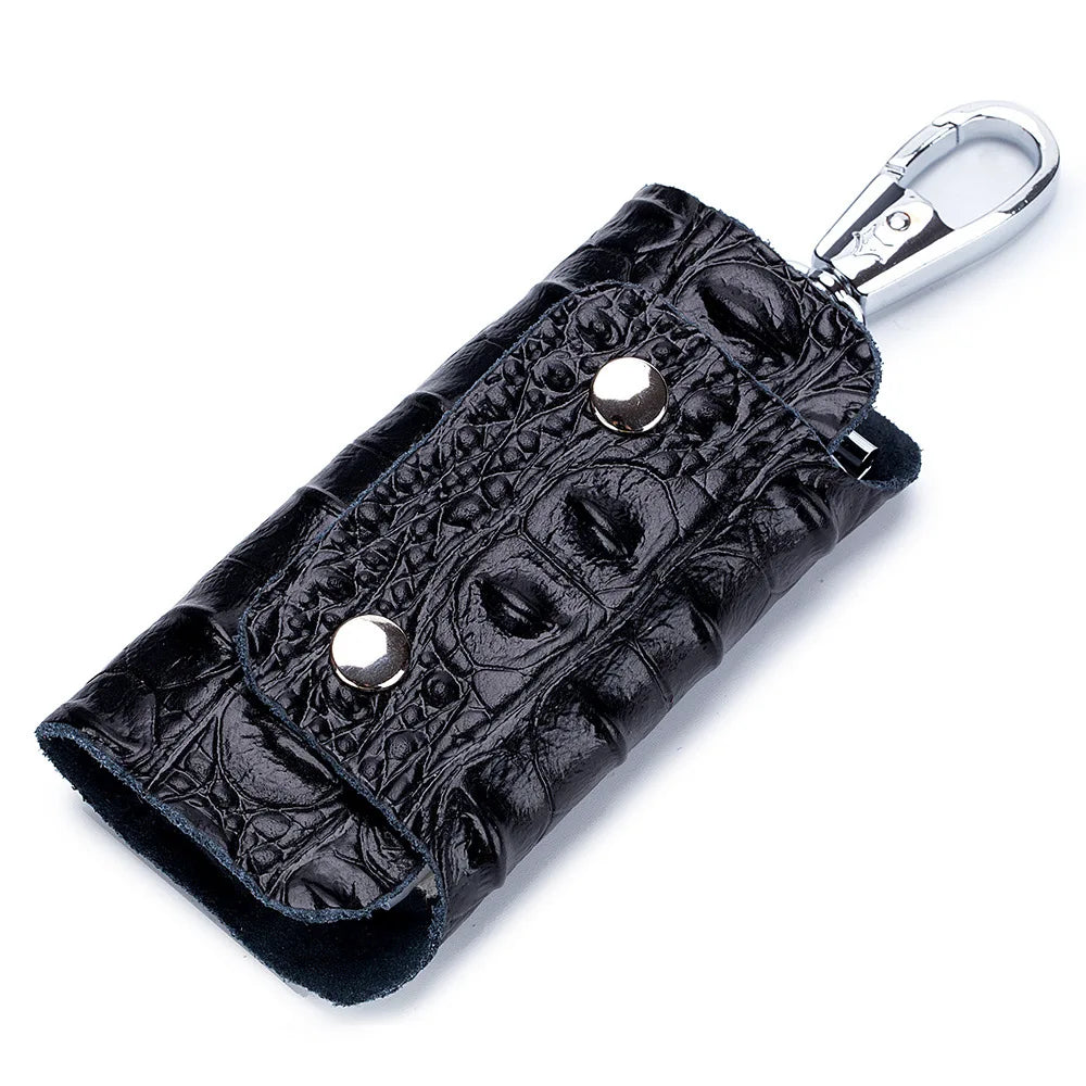 Crocodile Leather Key Holder Keychain Case Bag - Black