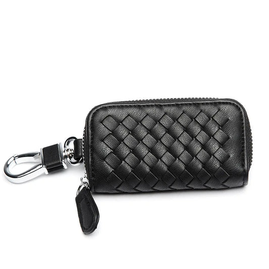 Woven Leather Key Pouch Keychain Zipper Wallet