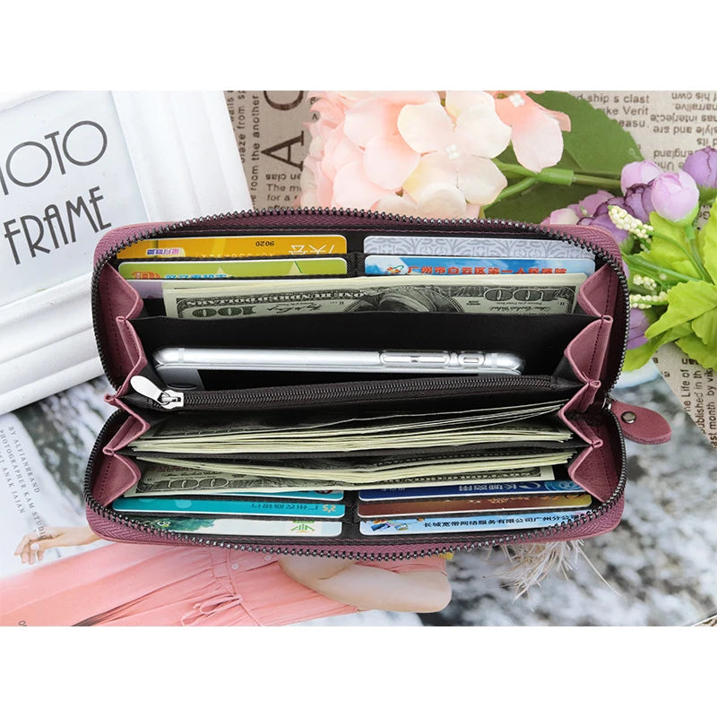 Cowhide Leather Women Zipper Purse Long Oil Wax Leather Vintage Women Wallets
