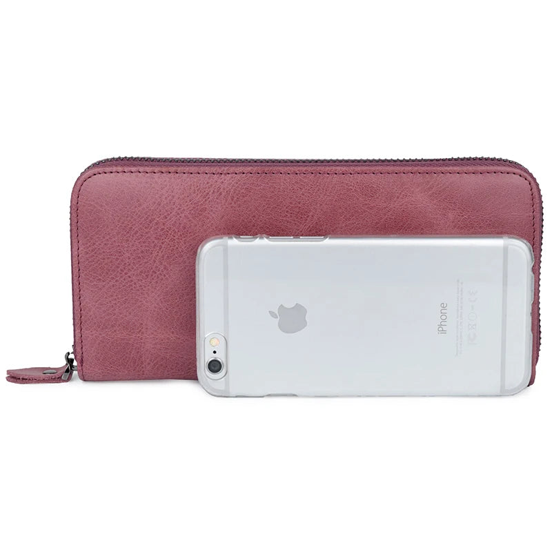 Cowhide Leather Women Zipper Purse Long Oil Wax Leather Vintage Women Wallets