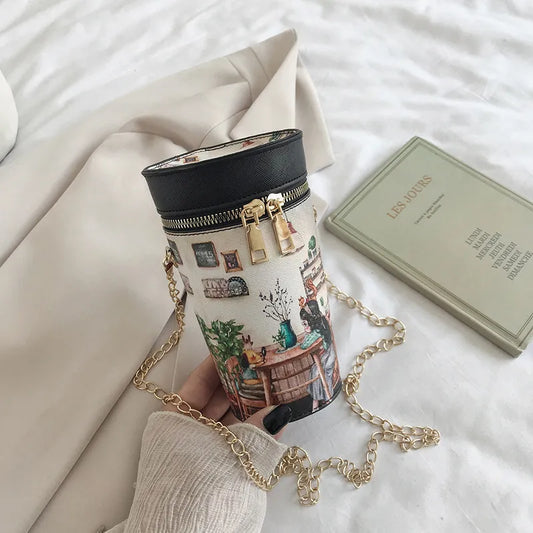 Female Cartoon Printing Cylinder Bag Mini Shoulder Messenger Bag