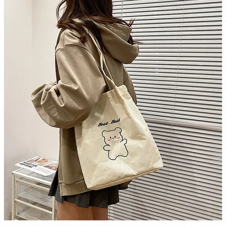 Cute Bear Embroidered Women Shoulder Bag Corduroy Student Girls Tote