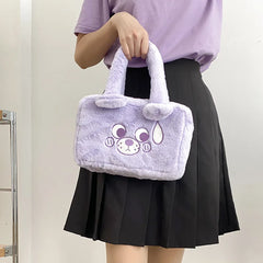 Embroidered Bear Plush Shoulder Bag Furry Purse Women's Handbag