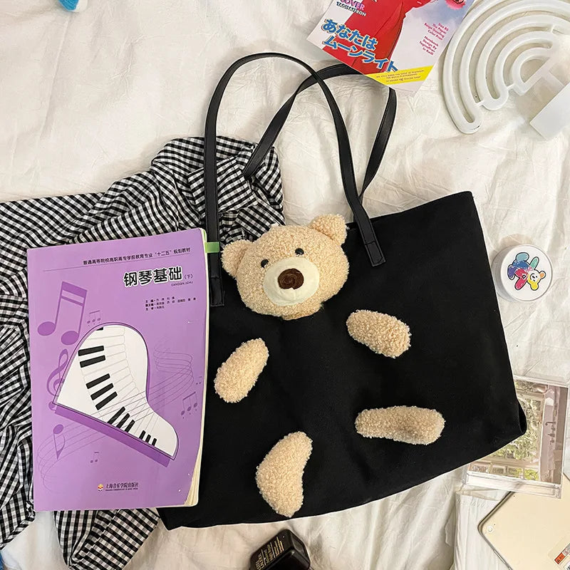 Cartoon Bear Rabbit Canvas Women Shoulder Tote Bag
