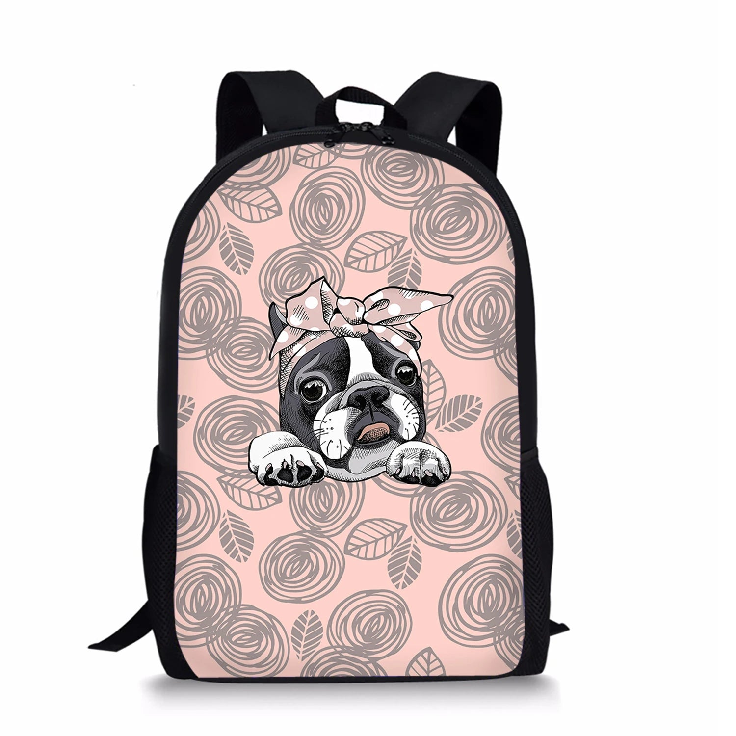 Bulldog Floral Pattern School Bag for Girls