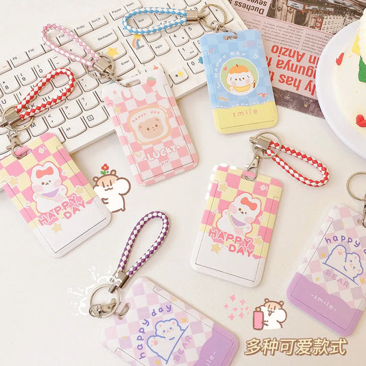 Cute Cartoon Bus Card Holder with Sliding Cover - Student Campus Access Keycha