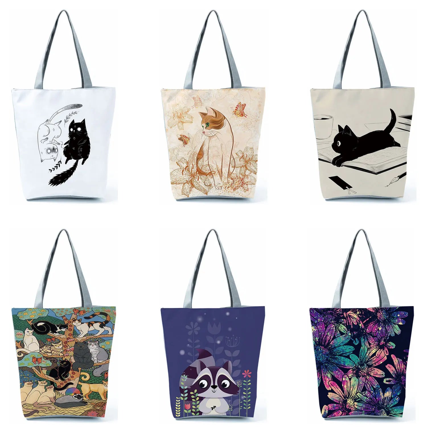 Cartoon Cat Tote Bag Animal Printed Handbag Women Shoulder Eco Reusable Shopping