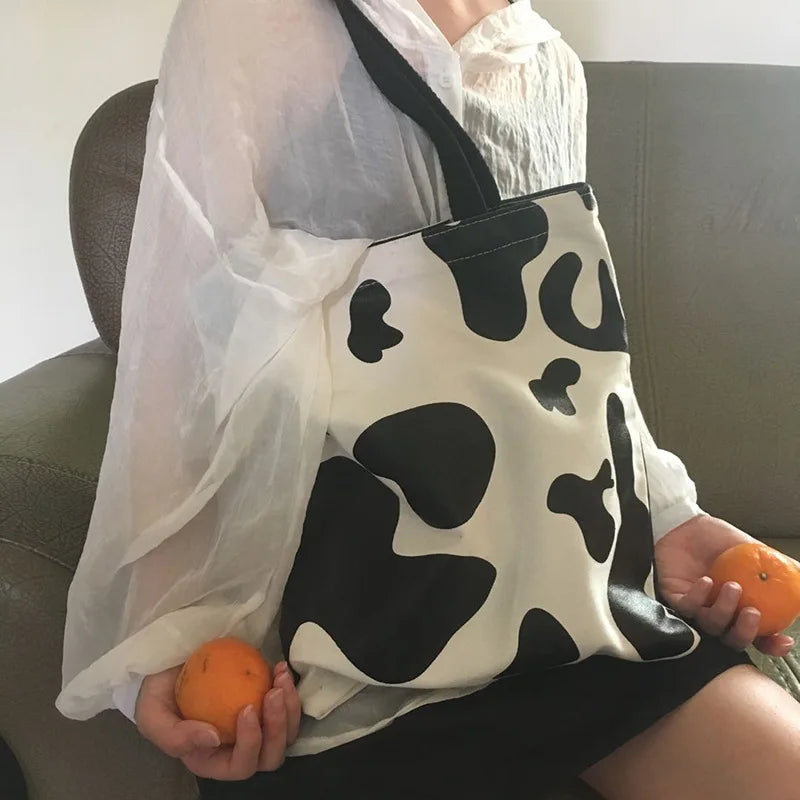 Cow Print Women Canvas Bag Large Capacity Shoulder Bag