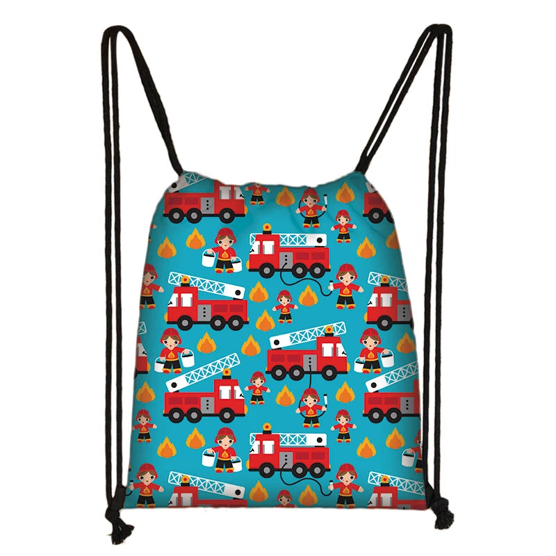 Excavator Tractor Fire Truck Drawstring Backpack Teenagers Canvas Bag