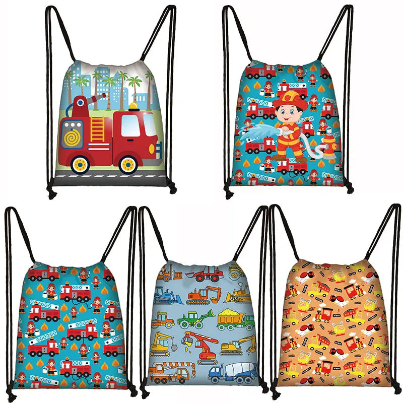 Excavator Tractor Fire Truck Drawstring Backpack Teenagers Canvas Bag