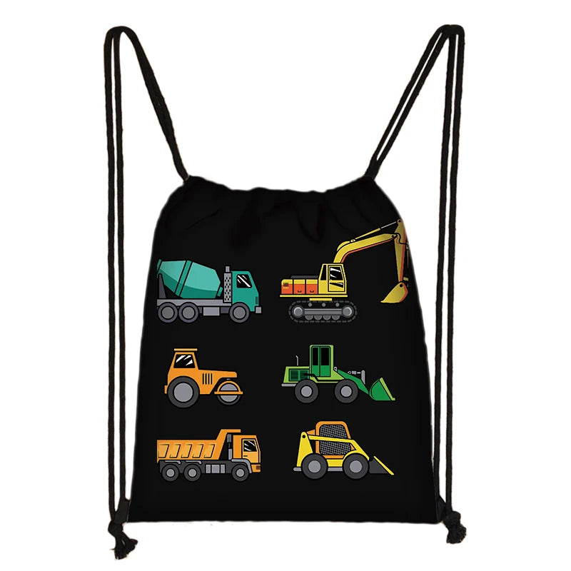 Excavator Tractor Fire Truck Drawstring Backpack Teenagers Canvas Bag
