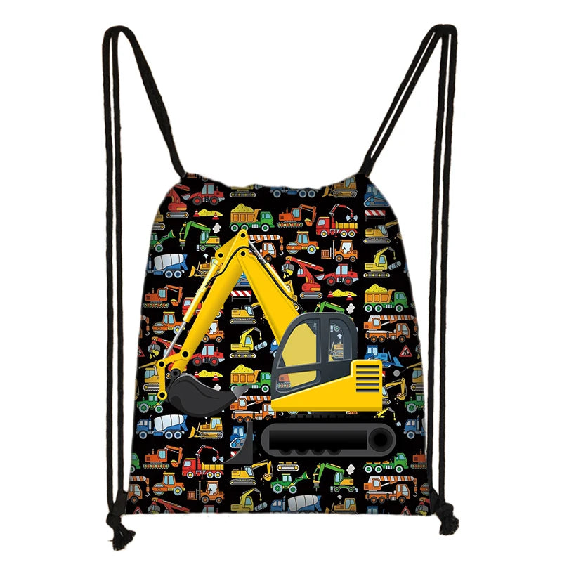 Excavator Tractor Fire Truck Drawstring Backpack Teenagers Canvas Bag