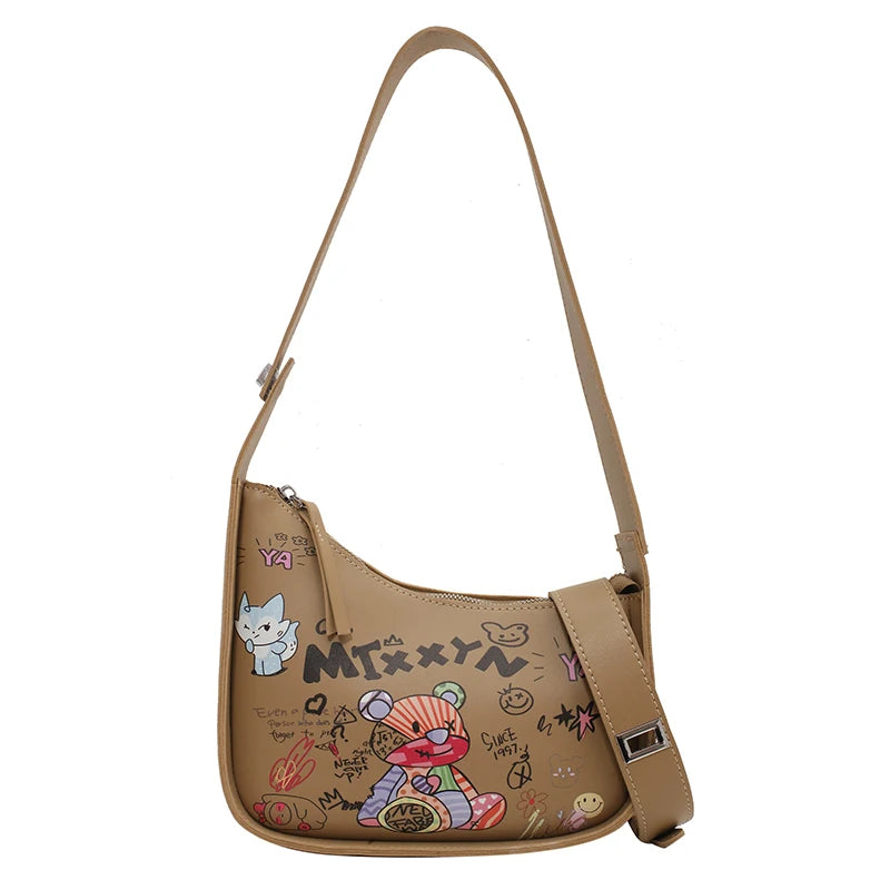 Cartoon Graffiti PU Leather Armpit Shoulder Bag for Women