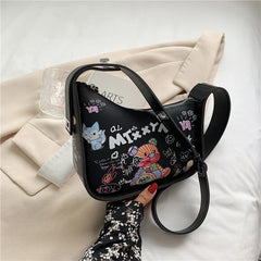 Cartoon Graffiti PU Leather Armpit Shoulder Bag for Women