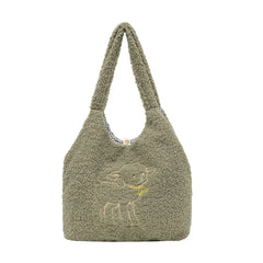Embroidered Lamb Tote Plush Shoulder Bag for Women