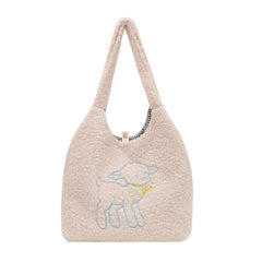 Embroidered Lamb Tote Plush Shoulder Bag for Women