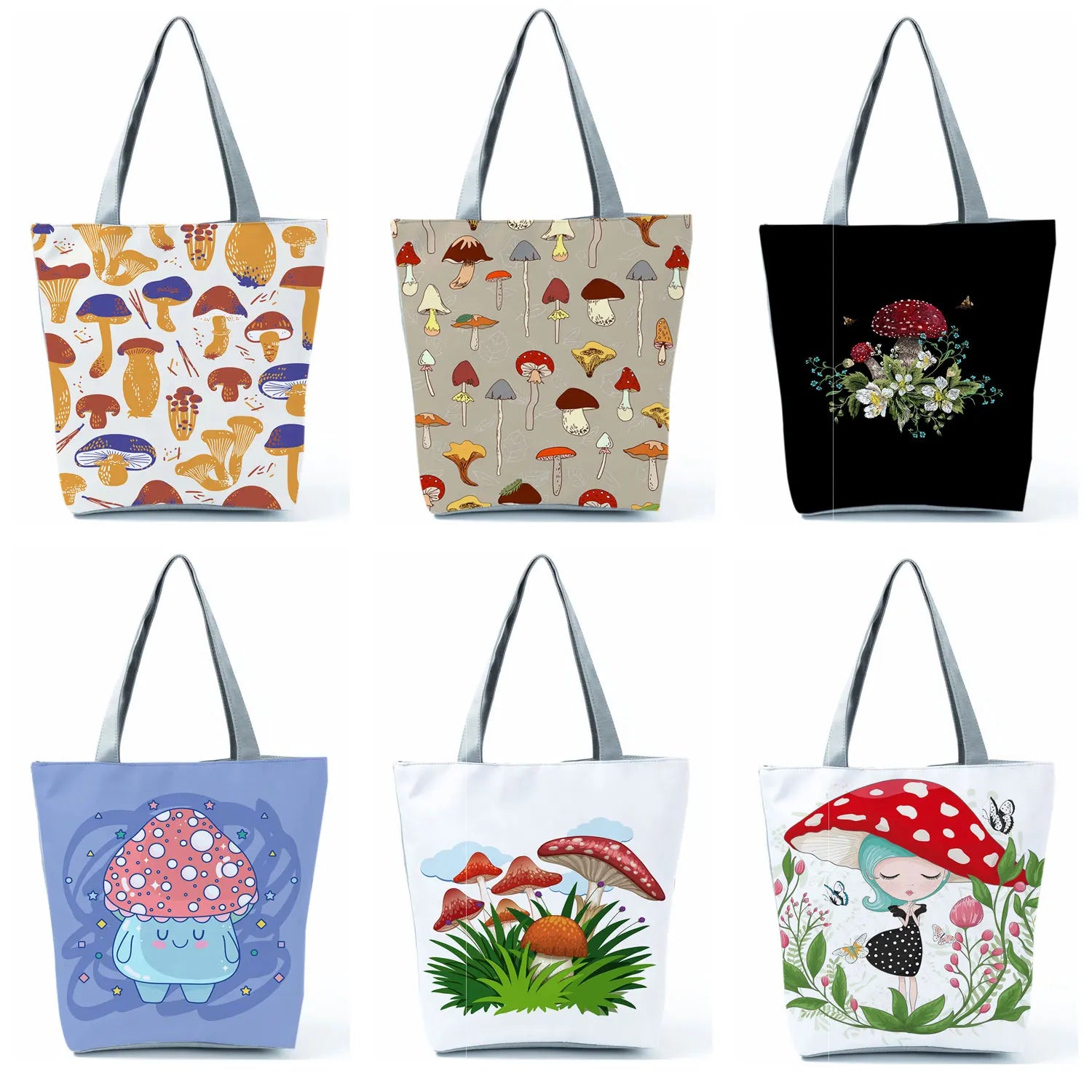 Cartoon Mushroom Printed Shoulder Bag High Capacity Tote