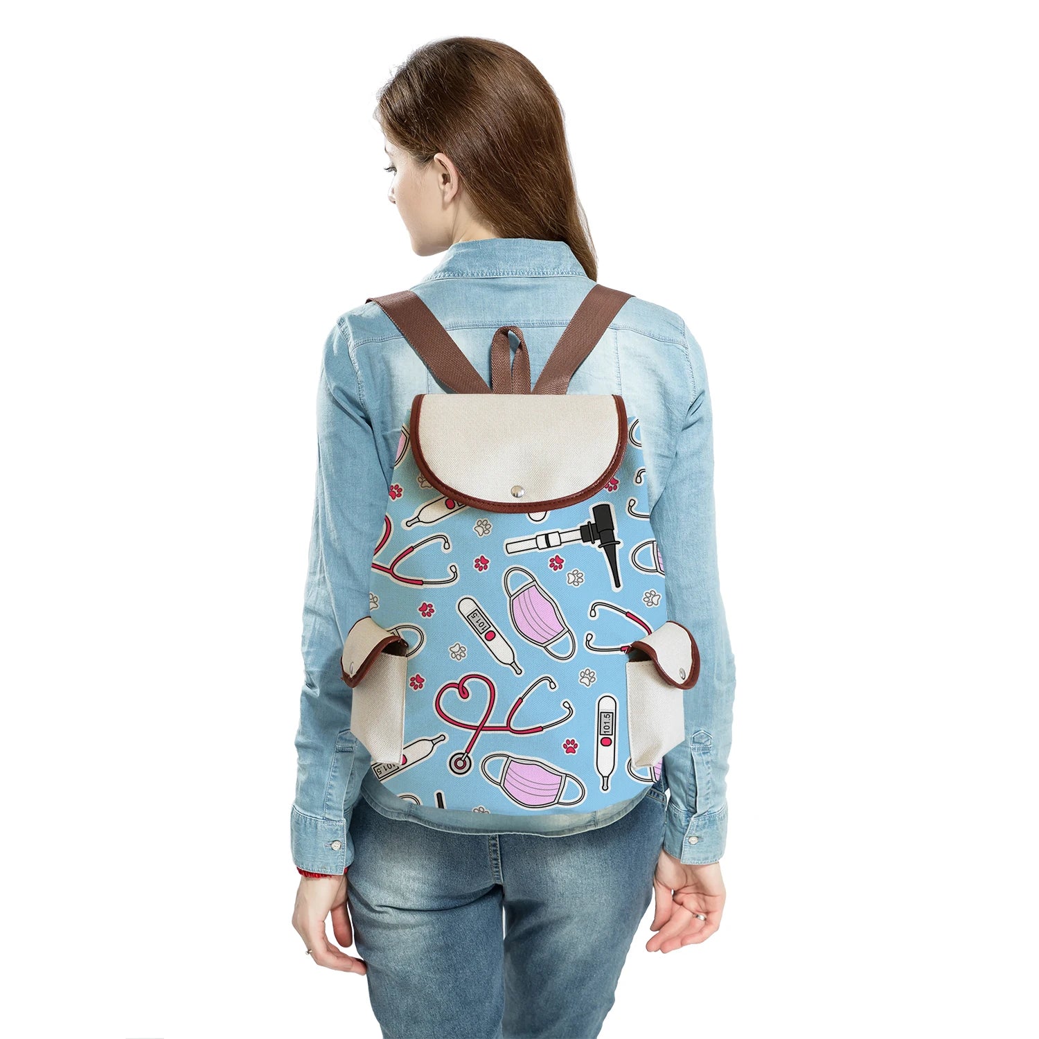 Cartoon Nurse Doctor Women's Backpack Mask Thermometer Print School Book Bag