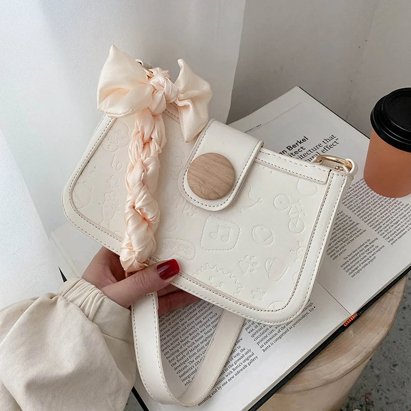 Cartoon Pattern Embossed Shoulder Bag for Women Silk Scarf Zipper