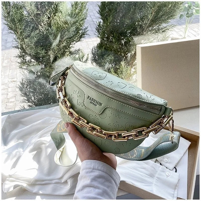 Cartoon Pattern PU Leather Waist Pack for Women Chain Fanny Pack