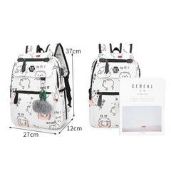 Cartoon Print Canvas Backpack 3 Pcs Set Women School Bags USB Charging
