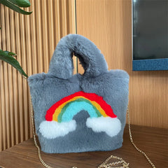 Furry Rainbow Women's Shoulder Bag Plush Crossbody Tote Handbag