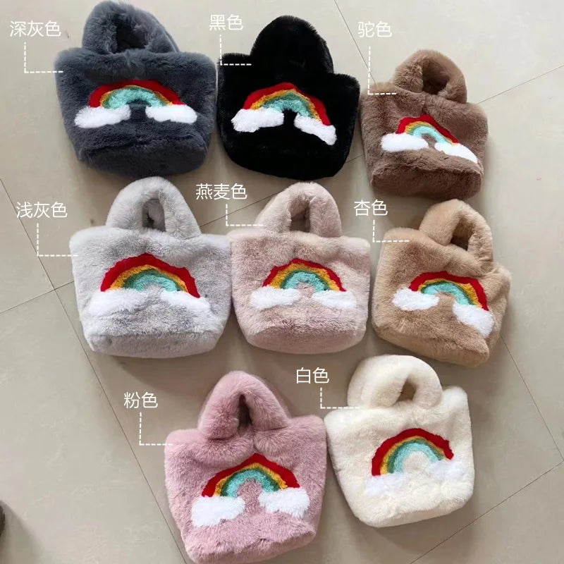 Furry Rainbow Women's Shoulder Bag Plush Crossbody Tote Handbag