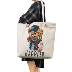 3D Print Teddy Bear Linen Shopper Tote Bag Women Shoulder Beach Handbag