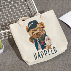 3D Print Teddy Bear Linen Shopper Tote Bag Women Shoulder Beach Handbag